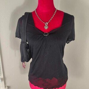 Black Mesh Faux Buckle Sweetheart Neckline Blouse Top